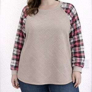 SHEIN Beige Plaid Long Sleeve Top